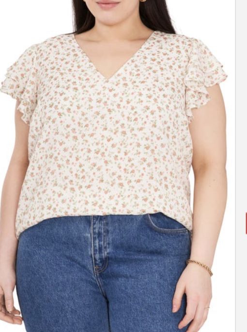 1.state Plus Size Floral Blouse - Cream Flutter Sleeve Top - 3X