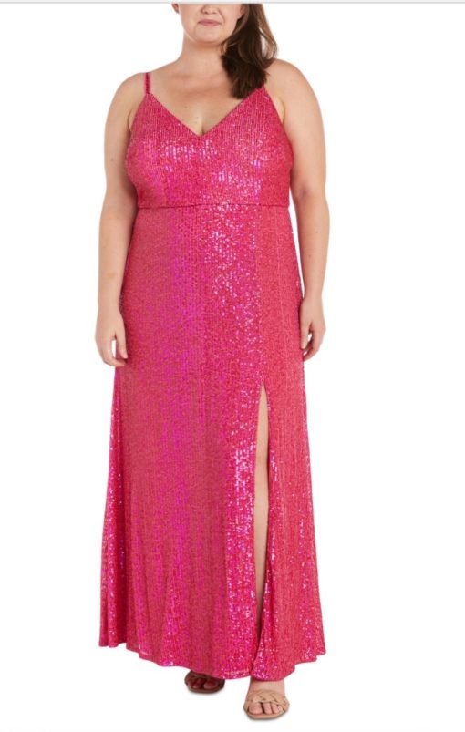 Morgan & Company Plus Size Sequinned High-Slit Dress - Fuchsia 16W