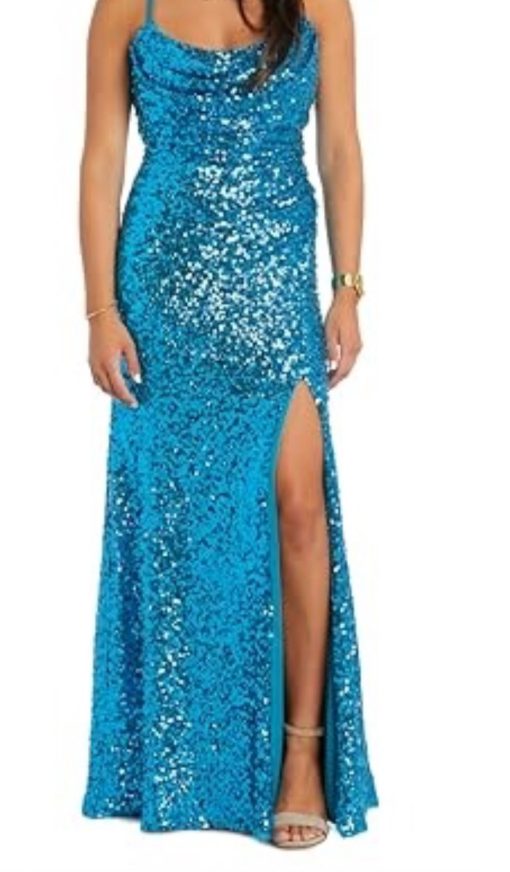 Morgan & Company Juniors' Sequin Draped Scoop Neck Sleeveless Gown - Teal Size 7