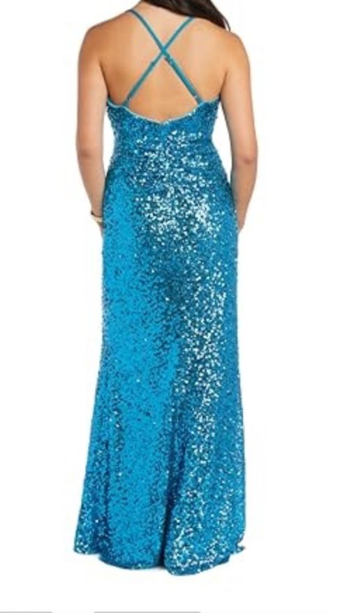 Morgan & Company Juniors' Sequin Draped Scoop Neck Sleeveless Gown - Teal Size 7 - Image 2