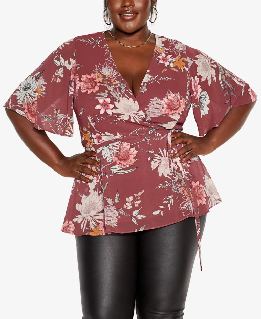 City Chic Roseberry Floral Wrap Top - Burgundy Size 14 - Blouses