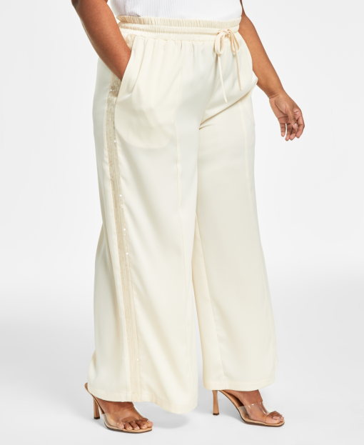 Nina Parker Plus Size Wheat Sequin Stripe Wide Leg Pants - 1X