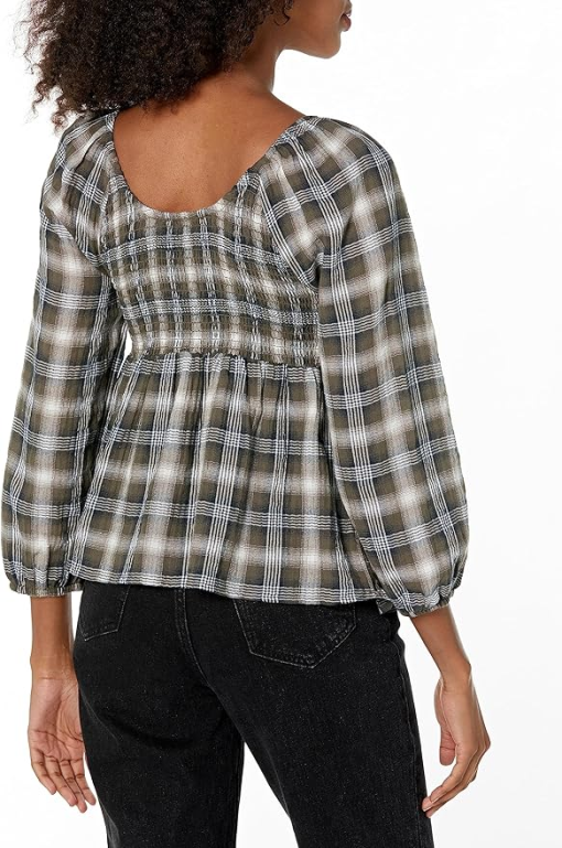 Tommy Jeans Plaid Smocked Top, Olive Green, Size M, Women's Blouse - Image 2