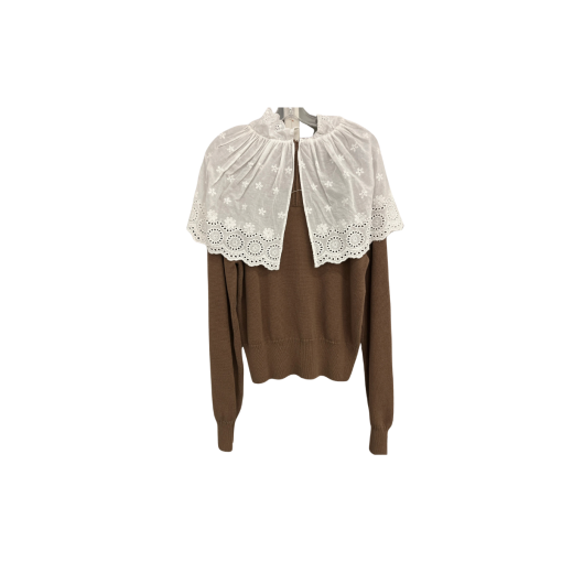 Brown Sweater with White Collar L - Women's Knitwear Top - Image 2