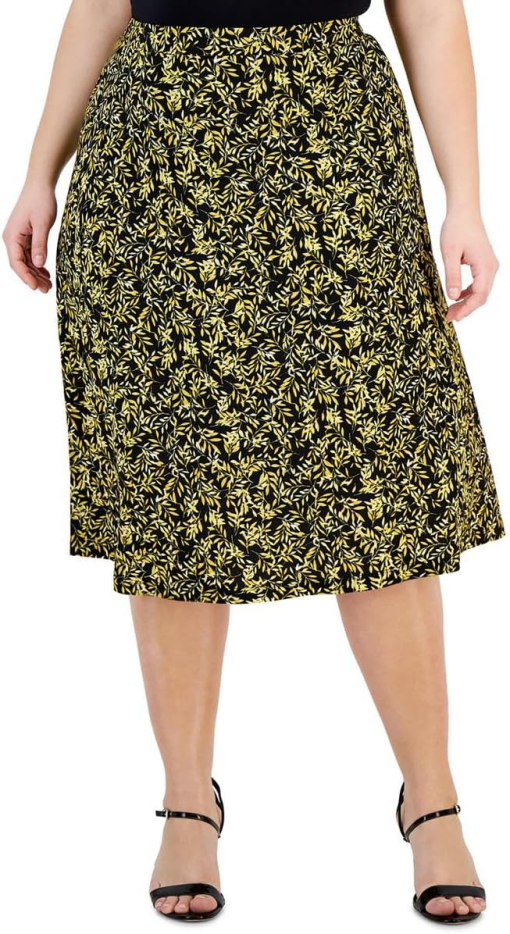 KASPER Plus Black/Yellow Leaf Print Midi Skirt - 2X - Women's Skirts