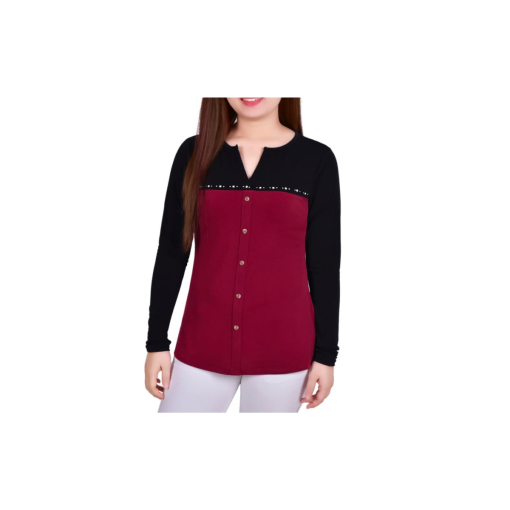 NY Women's Burgundy Black Colorblock Blouse Medium - Tops