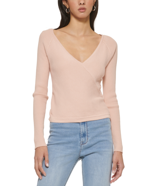 DKNY Jeans Pink Ribbed Wrap Top - Size L - Women's Blouse