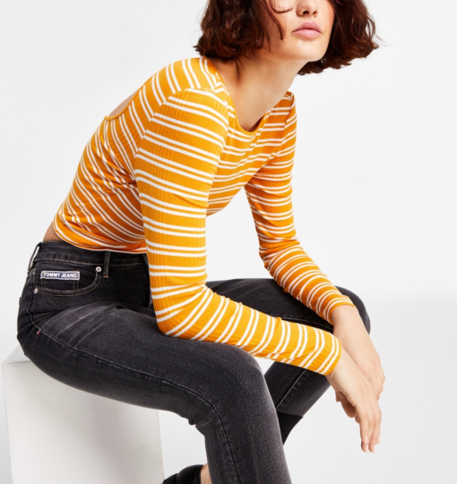 Tommy Jeans Striped Ribbed Top - Orange, L - Women's Shirts