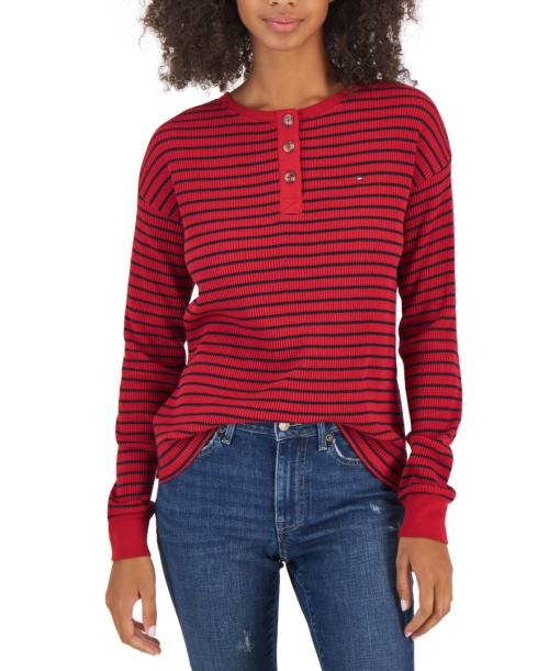 Tommy Hilfiger Red Striped Henley Shirt - Women's Large - Tops