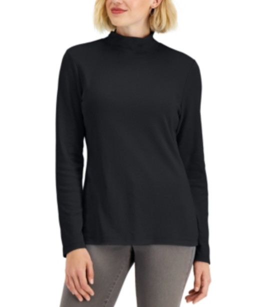 Karen Scott Black Mock Neck Long Sleeve Top - Size L - Women's Shirts