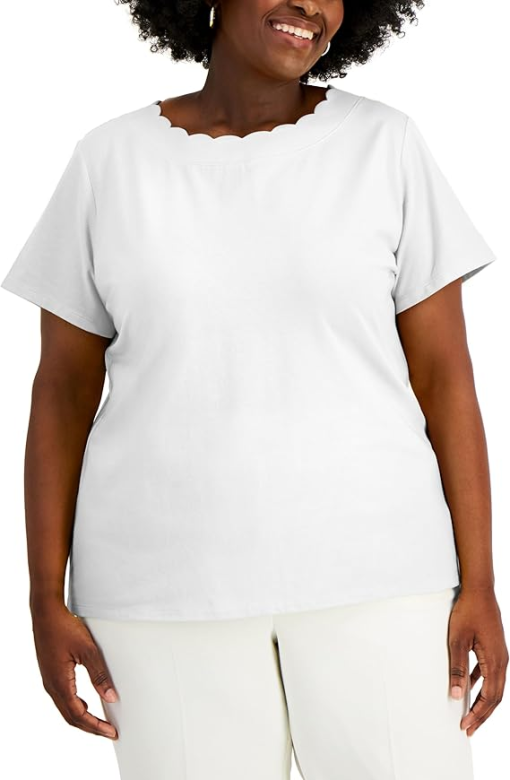 ANNE KLEIN Plus White Scallop Tee 2X - Women's Tops & Shirts