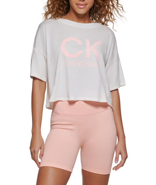 Calvin Klein Women's Crop Top, White/Pink, Size L, Activewear Shirt