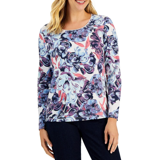 Karen Scott Floral Print Top - Bright White XXL - Women's Shirts