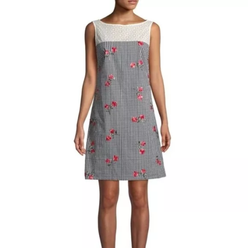 Karl Lagerfeld Black Gingham Floral Shift Dress - Size 0 - Women's Dresses