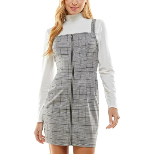 Kingston Grey Plaid Zip Front Dress - Juniors Size S - Mini Dress