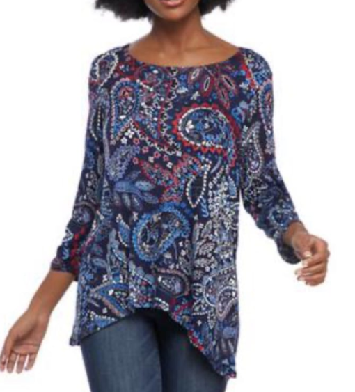 Sharagano Blue Paisley Top XL Women's 3/4 Sleeve Blouse