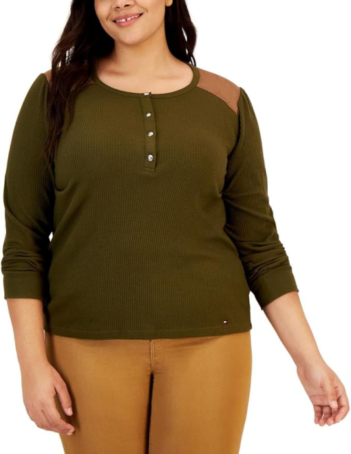 Tommy Hilfiger Plus Olive Henley Top - Waffle Knit - Size 1X - Women's Shirts