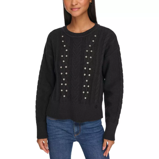 KARL LAGERFELD Black Embellished Cable Knit Sweater XL - Women's Top