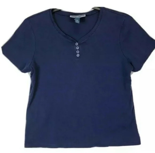 Karen Scott Navy Henley Top Petite Large - Women's T-Shirt