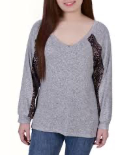 NY Collection Gray Sequin Sleeve Sweater - Women's Top