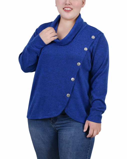 NY Collection Petite Blue Cowl Neck Top - Women's Blouse