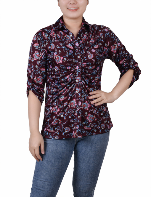 Floral Print Burgundy Blouse - Petite Size - Women's Tops