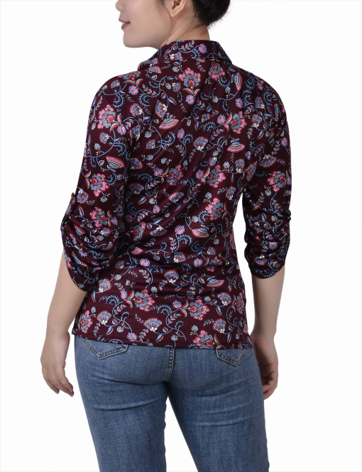 Floral Print Burgundy Blouse - Petite Size - Women's Tops - Image 2