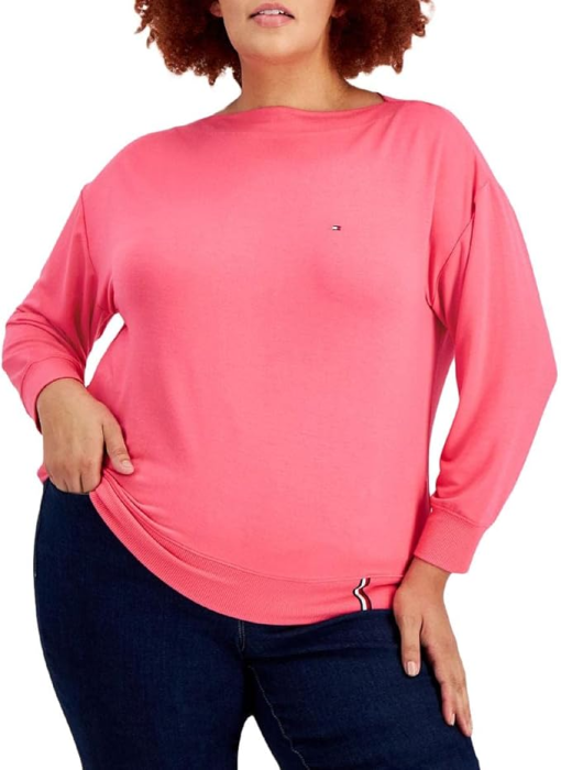 Tommy Hilfiger Plus Coral Boat Neck Sweatshirt 1X - Women's Top