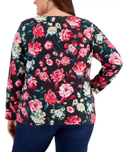 Karen Scott Plus Black Floral Top 2X - Women's Plus Size Shirts - Image 2