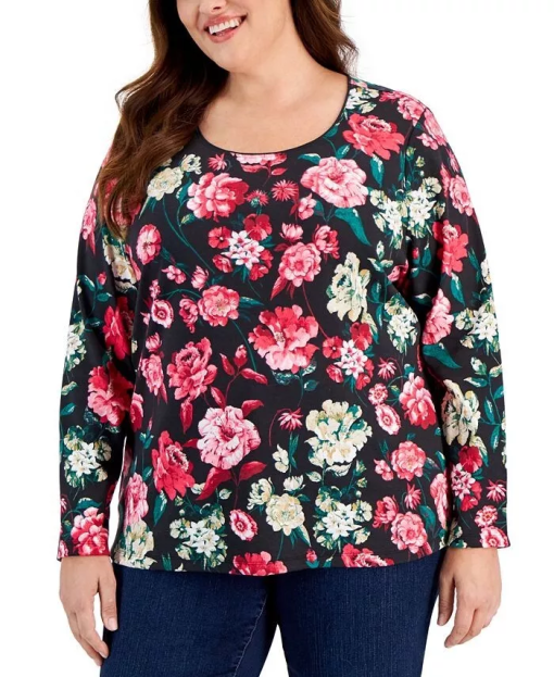 Karen Scott Plus Black Floral Top 2X - Women's Plus Size Shirts