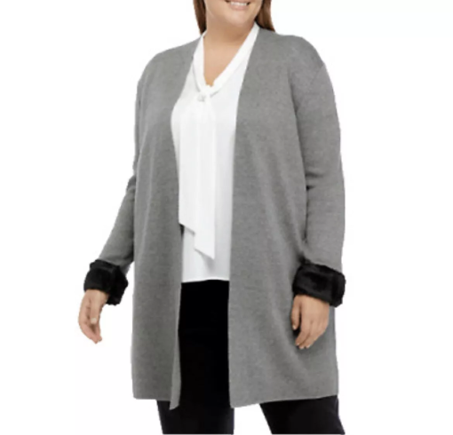 Kasper Plus Gray Cardigan Sweater with Faux Fur Cuffs - 1X - Women's