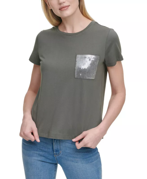 DKNY Olive Green Sequined Pocket Tee - XS - Women's T-Shirt