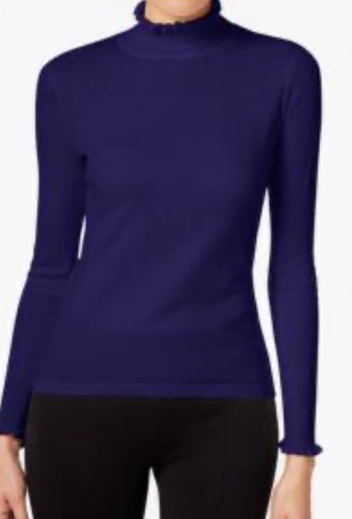 CeCe Ruffled Turtleneck Top - Navy Blue, Large - Women's Sweater