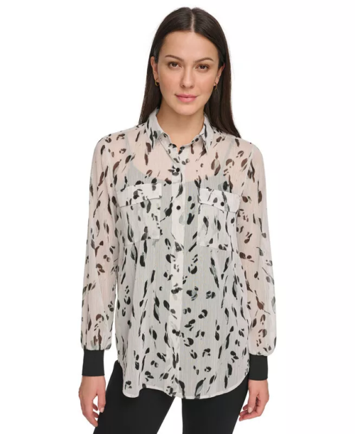 DKNY Animal Print Blouse - White/Black, Size S - Women's Tops