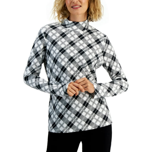 Karen Scott Plaid Mock Neck Top - Black & White - S - Women's Shirts