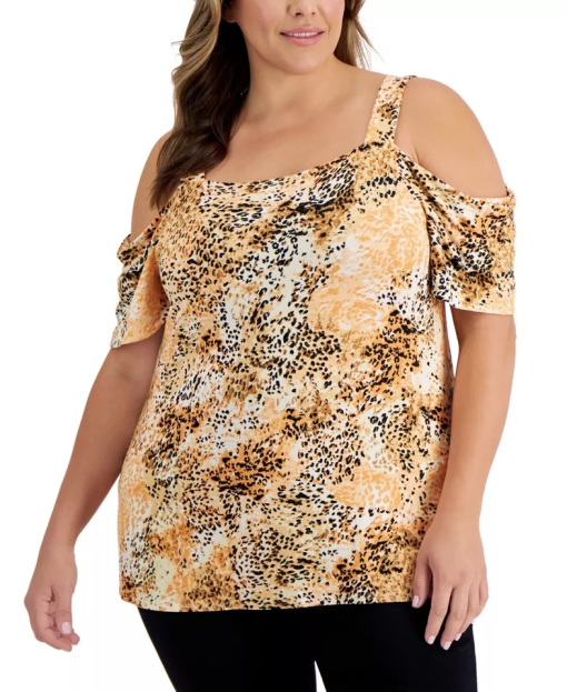 JM Collection Plus Size Cheetah Print Cold Shoulder Top - Tangelo 3X