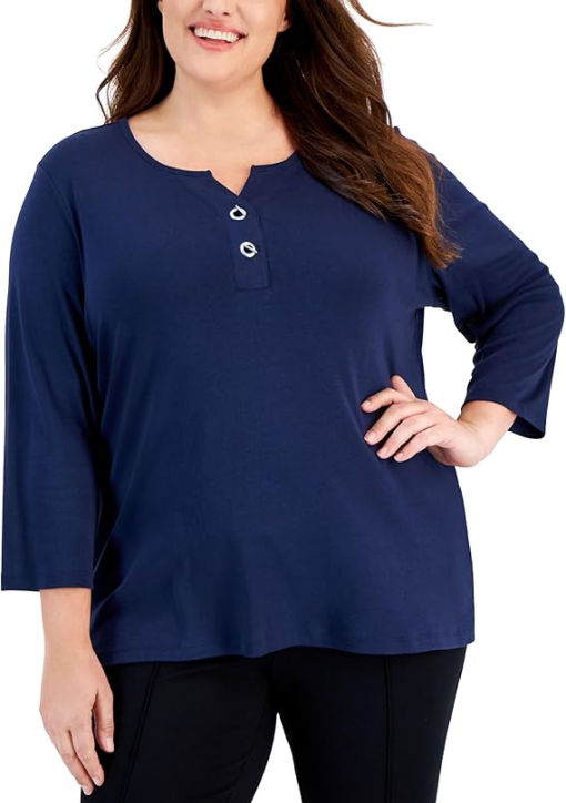 Karen Scott Plus Navy 2X Henley Top - Women's Plus Size Shirts