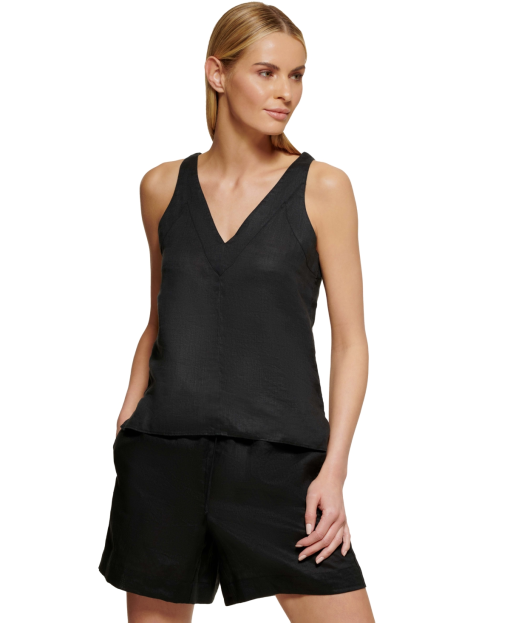 DKNY Black Linen Tank Top - Women's XL Sleeveless Shirt