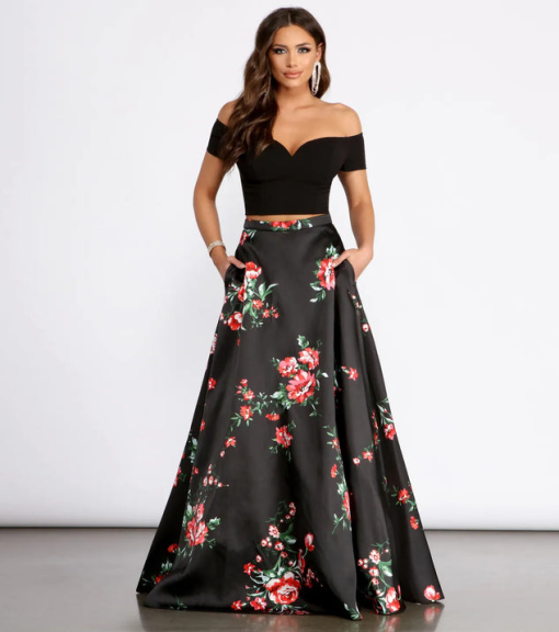 Windsor Black Floral Two-Piece Prom Dress - Size S - Formal Gown