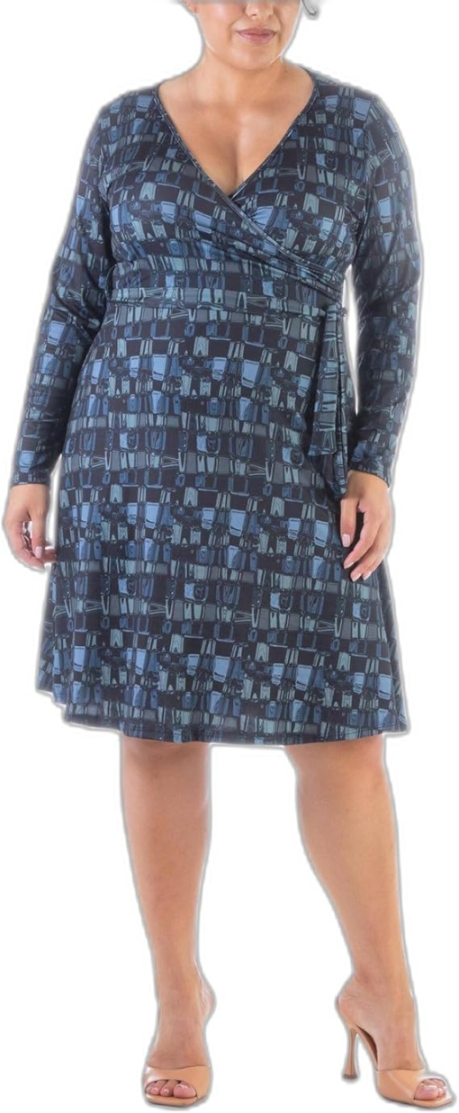 24seven Plus Size Blue Print Faux Wrap Dress 2X - Women's Dresses