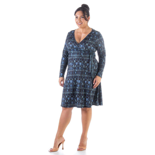 24seven Plus Size Blue Print Faux Wrap Dress 2X - Women's Dresses