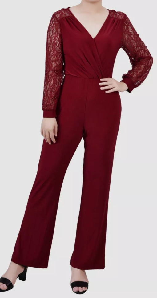 NY Collection Burgundy Lace Sleeve Jumpsuit - Petite Size - Women's Jumpsuit