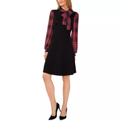 CeCe Black Plaid Sleeve Dress - Women's Size L - Party Dress