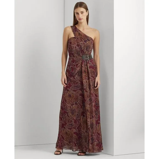 Lauren Ralph Lauren Paisley One Shoulder Maxi Dress, Size 10, Burgundy