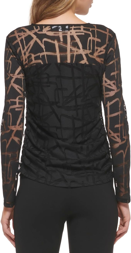 DKNY Black Mesh Top XS - Women's Long Sleeve Blouse - Jacquard - Image 2