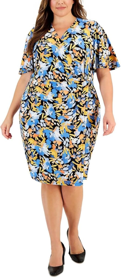 KASPER Plus Floral Wrap Dress Black Blue Yellow 2X - Women's Dress