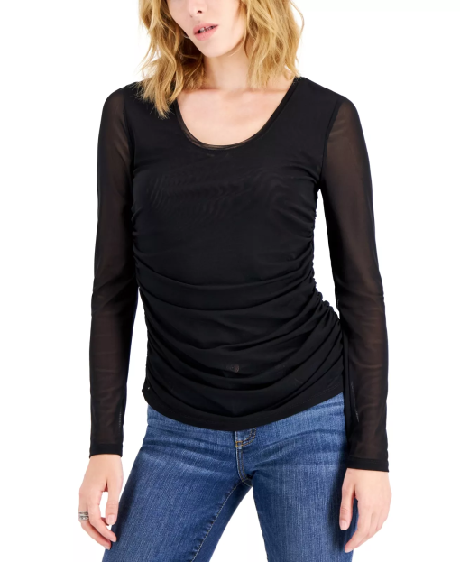 INC Black Mesh Top - Women's XL Ruched Blouse - Macy's Exclusive