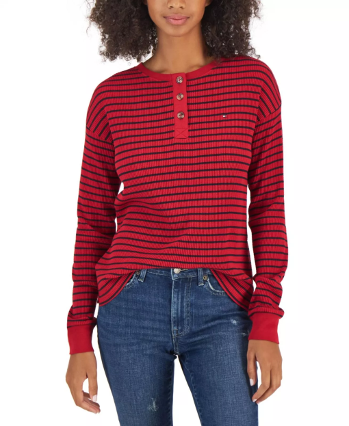 Tommy Hilfiger Red Striped Henley Shirt - Large - Women's Top