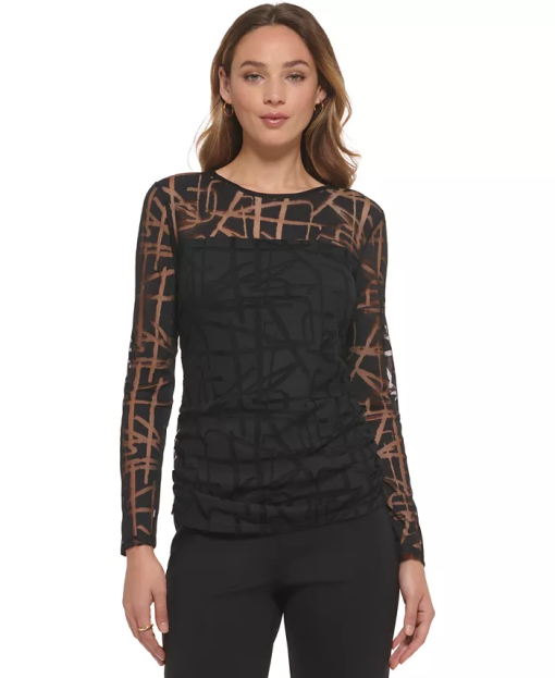 DKNY Black Mesh Top XS - Women's Long Sleeve Blouse - Fashion Top