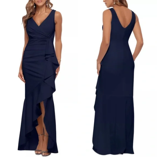 Betsy & Adam Navy Ruffled High-Low Formal Gown - Size 10